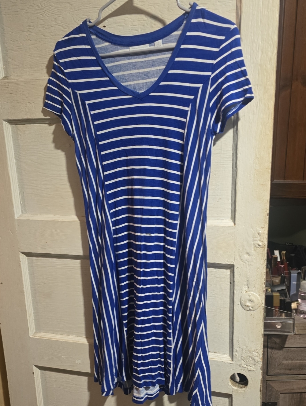 New York & Company Royal Blue and White Striped V-Neck Midi Dress